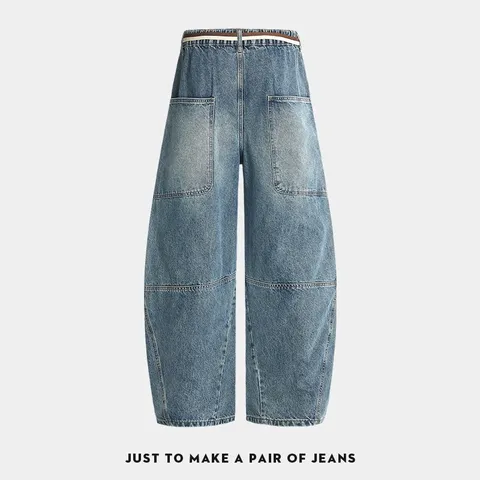 Herren Amerikanisch Retro Gewaschen Distressed Baggy Gerades Bein Denim Jeans Lässige Lose Barrel Leg Denim Hosen