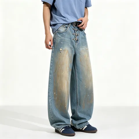 Mens Loose Fit Washed Distressed Straight Leg Jeans Vintage Hip Hop Casual Denim Pants With Metal Hardware