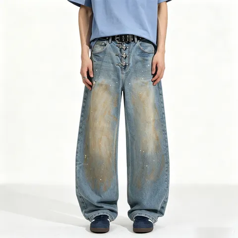Mens Loose Fit Washed Distressed Straight Leg Jeans Vintage Hip Hop Casual Denim Pants With Metal Hardware