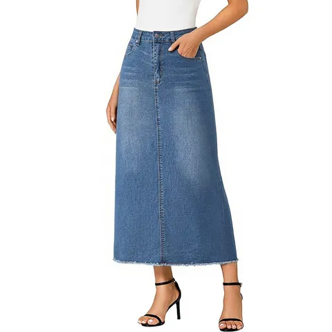 Women High Waisted Denim Midi Skirt Raw Edge A Line Casual Commuter Long Skirt Mid Blue Fashion Streetwear