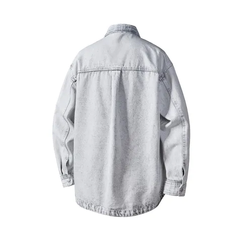 Giacca in Denim Lavato Retro Americano da Uomo Casual Larga Manica Lunga Bottoncino Automatico Con Cappuccio Cappotto Cargo