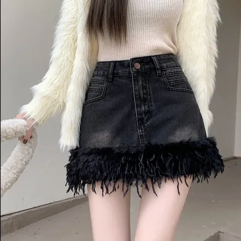 Damen Sommer Hohe Taille Slim Fit Denim Minirock Casual Streetwear Rohkante Quaste Kurzer Rock