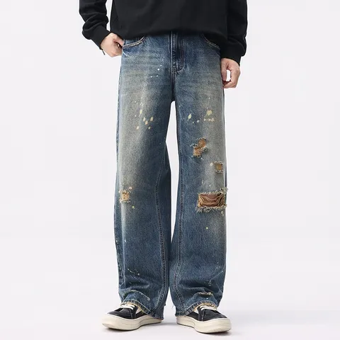 Men Casual Vintage Washed Loose Straight Leg Denim Jeans Distressed Paint Splatter Hip Hop Baggy Trousers Streetwear