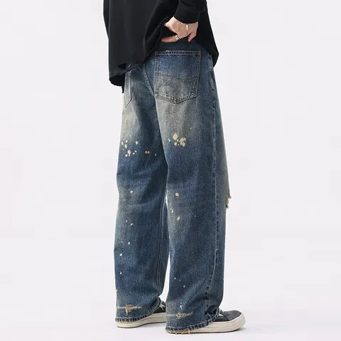 Men Casual Vintage Washed Loose Straight Leg Denim Jeans Distressed Paint Splatter Hip Hop Baggy Trousers Streetwear