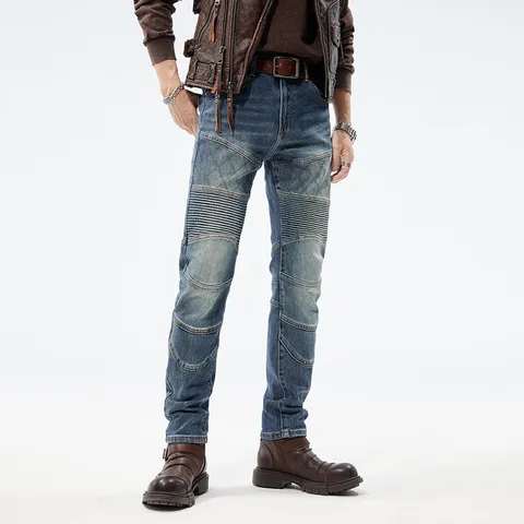 Jeans de Motocicleta Slim Fit para Hombre Elásticos Lavados Patchwork Pantalones Largos Estrechos Casual Streetwear