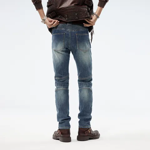 Jeans de Motocicleta Slim Fit para Hombre Elásticos Lavados Patchwork Pantalones Largos Estrechos Casual Streetwear