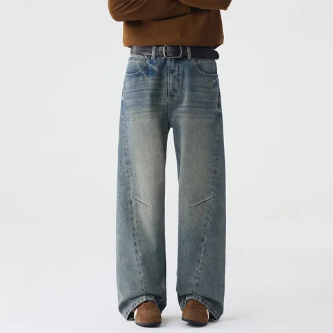 Jean en Denim Lavé Vintage pour Homme Casual Ample Jambe Droite Avec Design de Structure Unique