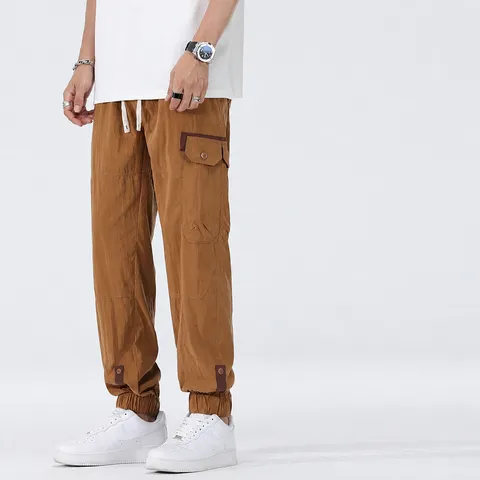 Men's Casual Tencel Pants Summer Thin Loose Straight Cargo Sweatpants Drawstring Elastic Waist Trendy Streetwear Trousers