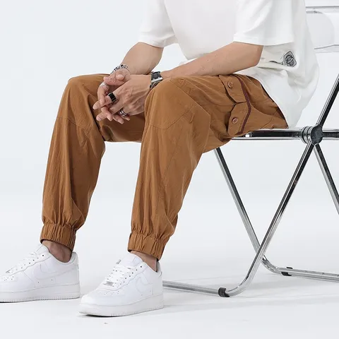 Men's Casual Tencel Pants Summer Thin Loose Straight Cargo Sweatpants Drawstring Elastic Waist Trendy Streetwear Trousers