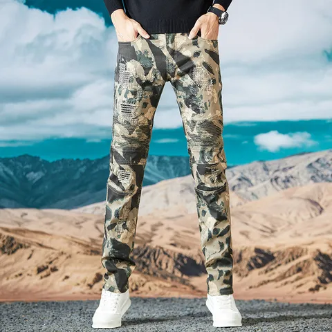 Vaqueros Cargo de Camuflaje High Street Americano para Hombre Casual Desgastado Slim Straight Patchwork Moto Denim