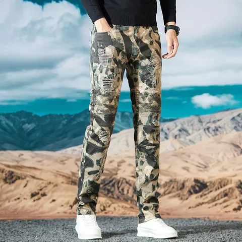 Vaqueros Cargo de Camuflaje High Street Americano para Hombre Casual Desgastado Slim Straight Patchwork Moto Denim