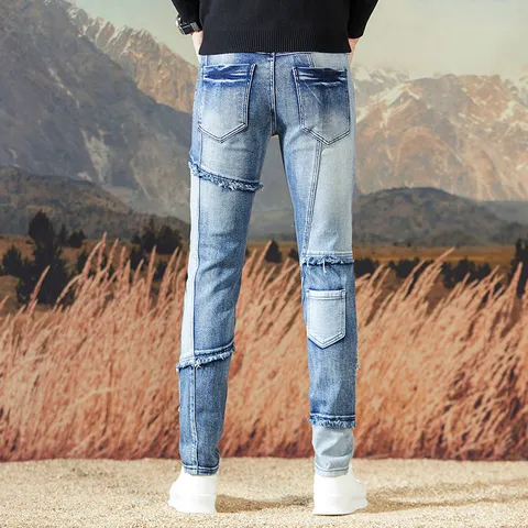 Vaqueros Retro de Moto para Hombre Corte Slim Elasticos Rectos Pantalones Denim Asimétricos de Borde Sin Rematar