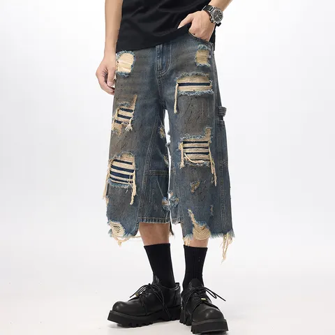 Men's Vintage Distressed Denim Jeans Casual Loose Straight Cropped Pants Summer Streetwear