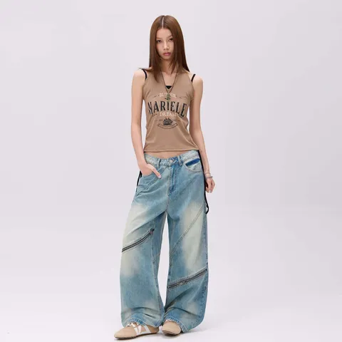 Washed Vintage Distressed Loose Asymmetric Patchwork Zipper Straight Leg Denim Jeans For Women Casual Streetwear Denim Pants
