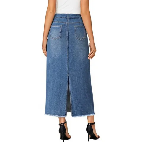 Women High Waisted Denim Midi Skirt Raw Edge A Line Casual Commuter Long Skirt Mid Blue Fashion Streetwear