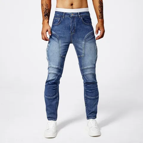 Men's Slim Fit Biker Jeans Casual Stretch Denim Pants Distressed Patchwork Streetwear Fashion Long Trousers