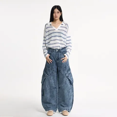 Damen Casual Lose Weite Beine Cargohose Vintage Washed Denim Hose Hohe Taille Mehr taschen Streetwear Unterteile