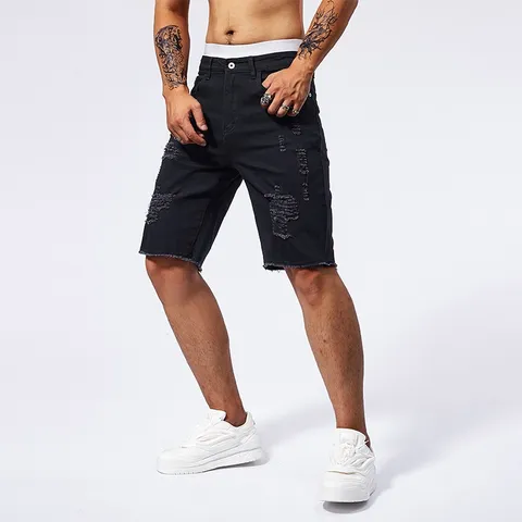 Men's Casual Denim Shorts Vintage Washed Ripped Straight Fit Summer Cotton Five-Point Pants Fashion Streetwear