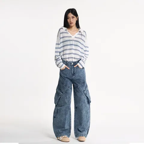Damen Casual Lose Weite Beine Cargohose Vintage Washed Denim Hose Hohe Taille Mehr taschen Streetwear Unterteile