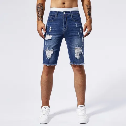 Men's Casual Denim Shorts Vintage Washed Ripped Straight Fit Summer Cotton Five-Point Pants Fashion Streetwear