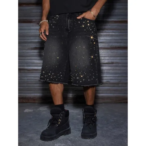 Herren Casual Denim Shorts Gerader Schnitt Frühling Sommer Streetwear Shorts Mit Strass Und Offenen Kanten