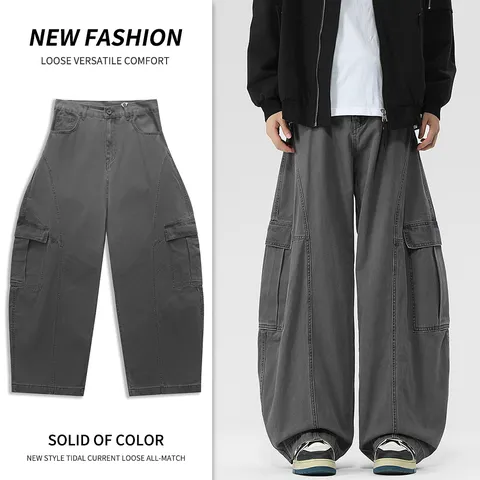 Mens Casual Cotton Blend Wide Leg Cargo Pants Vintage Loose Straight Denim Trousers 3D Tailored Streetwear Street Style
