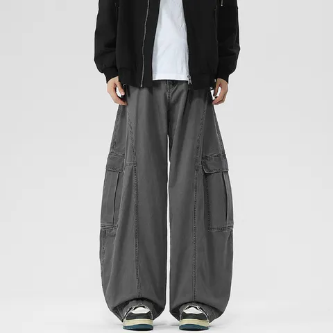 Mens Casual Cotton Blend Wide Leg Cargo Pants Vintage Loose Straight Denim Trousers 3D Tailored Streetwear Street Style