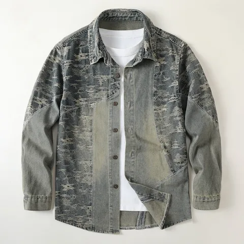 Camisa de Denim de Manga Larga Casual para Hombre Vintage Lavado Jacquard Cuello Rebatible Corte Suelto Retro