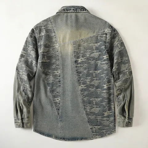 Camisa de Denim de Manga Larga Casual para Hombre Vintage Lavado Jacquard Cuello Rebatible Corte Suelto Retro
