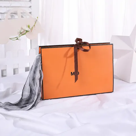 Orange Gift Bag Folding Paper Box With Ribbon Bow High End Luxury Packaging For Clothing Party Favor Gift Present