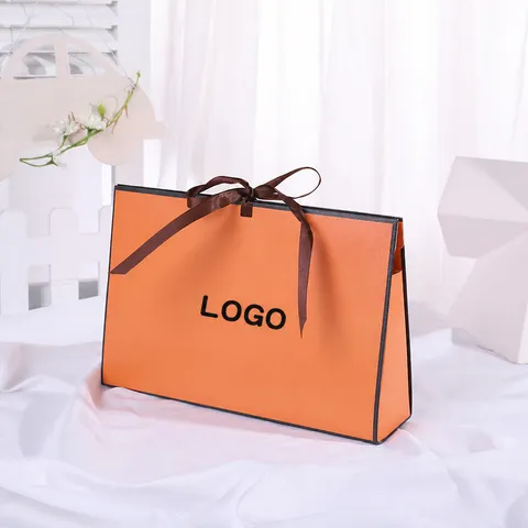 Orange Gift Bag Folding Paper Box With Ribbon Bow High End Luxury Packaging For Clothing Party Favor Gift Present