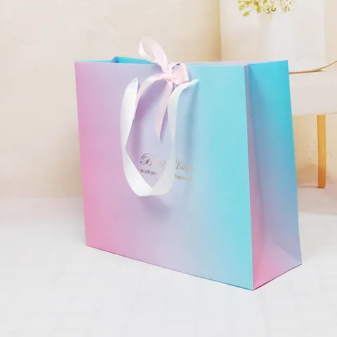 Gradient Paper Gift Bag Tote Business Present Wedding Candy Packaging Bag With Ribbon Handle Fashion Shopping Packaging