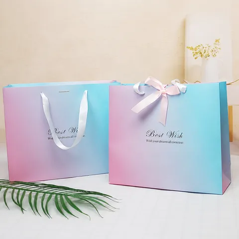Gradient Paper Gift Bag Tote Business Present Wedding Candy Packaging Bag With Ribbon Handle Fashion Shopping Packaging