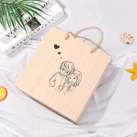 Wood Grain Gift Bag Paper Tote Bag With Couple Illustration Minimalist Present Packaging Bag For Valentine Day Party