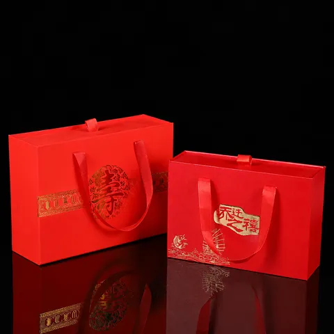 Traditional Chinese Hot Stamping Gift Box Housewarming Celebration Present Packaging Box With Ribbon Handle