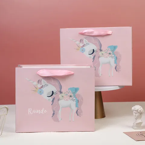 Pink Cartoon Unicorn Gift Bag White Cardboard Paper Handbag For Kids Party Candy Packaging And Present Storage