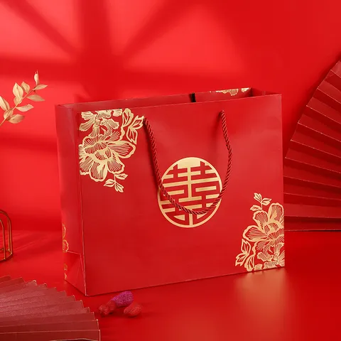 Red Wedding Gift Bags Chinese Style Thickened White Cardboard Handheld Gift Packaging Bags For Party Wedding Favors