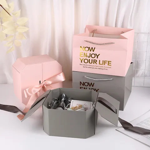 Creative Octagonal Gift Box With Ribbon Handle Bag High-End Cosmetic Storage Box For Wedding Birthday Party