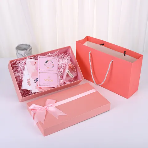 Pink Bow Gift Box Lid And Base Cardboard Gift Packaging Box With Handbag Ribbon For Birthday Party Festival Gift Wrapping