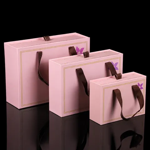 Pink Gift Box With Ribbon Handle Drawer Style Paper Packaging Box For Wedding Party Favor Gift Wrapping Supplies