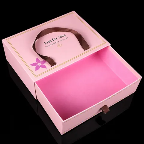 Pink Gift Box With Ribbon Handle Drawer Style Paper Packaging Box For Wedding Party Favor Gift Wrapping Supplies