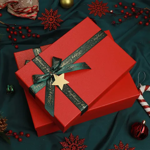 Christmas Gift Box Red Green Lid And Base Paper Packaging Box With Ribbon Bow For Holiday Party Present Storage
