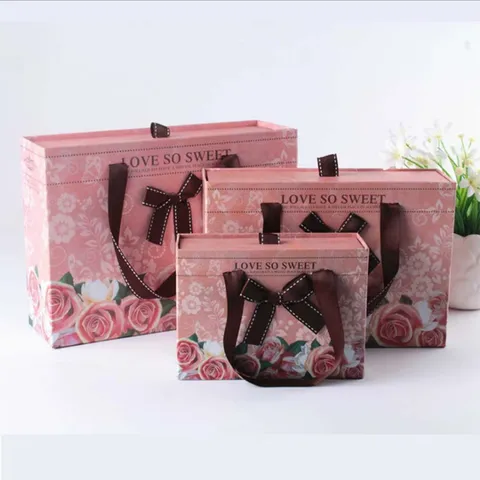 Pink Pull Out Gift Box With Ribbon Bow And Rose Floral Pattern Decorative Hard Cardboard Packaging Box For Party Wedding