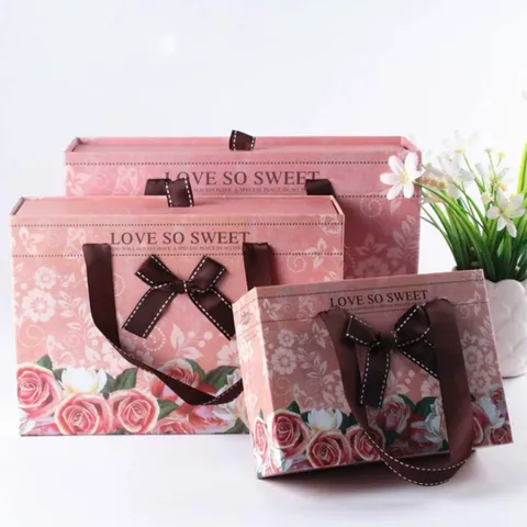Pink Pull Out Gift Box With Ribbon Bow And Rose Floral Pattern Decorative Hard Cardboard Packaging Box For Party Wedding