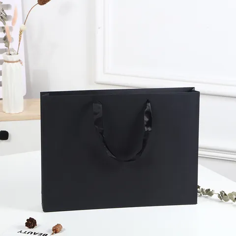 Minimalist Solid Black Gift Bag Thickened Cardboard Paper Bag With Ribbon Handle For Business Gifting Shopping Birthday Party