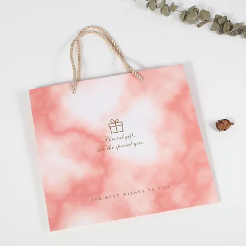Pink Marble Paper Gift Bag Hot Stamping Blessing Words Tote Bag With Handles For Wedding Birthday Party Packaging