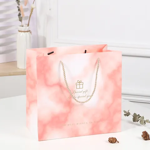 Pink Marble Paper Gift Bag Hot Stamping Blessing Words Tote Bag With Handles For Wedding Birthday Party Packaging