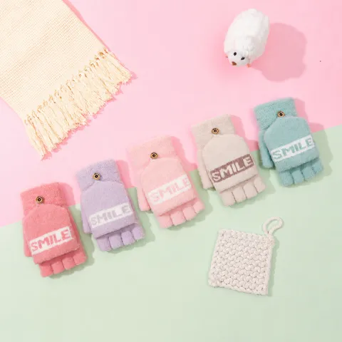 Damen Winter Verdickte Warme Halbfinger Strickhandschuhe Süßer Buchstaben Jacquard Nylon Handschuhe Tägliche Outdoor Kleidung
