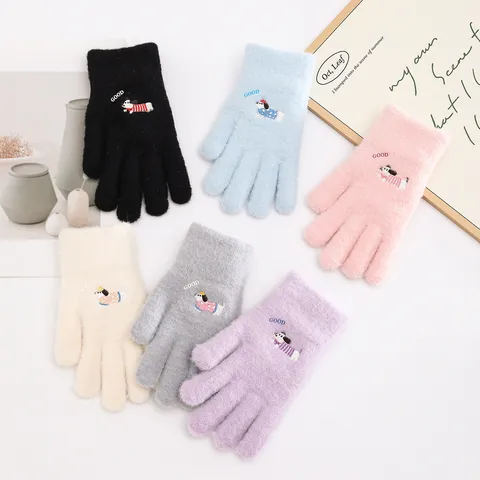 Damen Süß Welpe Bestickt Warm Strick Handschuhe Winter Winddicht Weich Touch Thermische Handschuhe Weibliche Fäustlinge