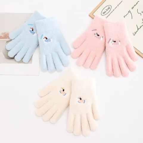 Women's Winter Warm Knit Gloves Cute Cartoon Puppy Embroidery Touch Screen Gloves Casual Commuting Thermal Mittens